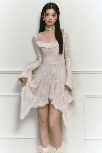 Square Neck Asymmetric Long Sleeve Dress