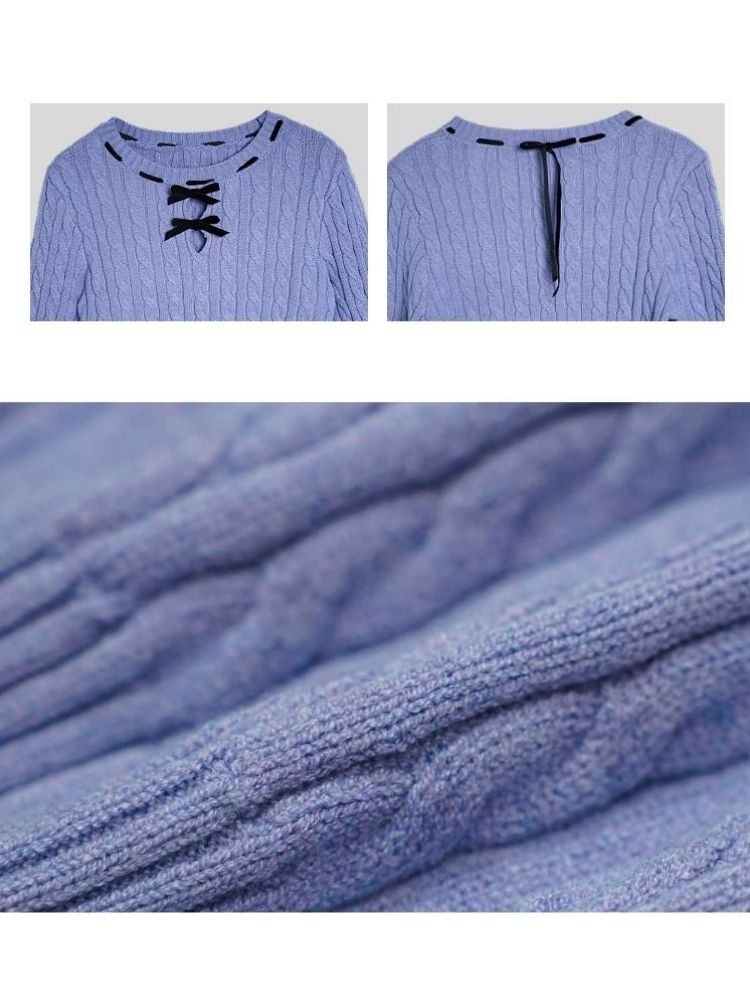 Blue-purple bow twist short sweater