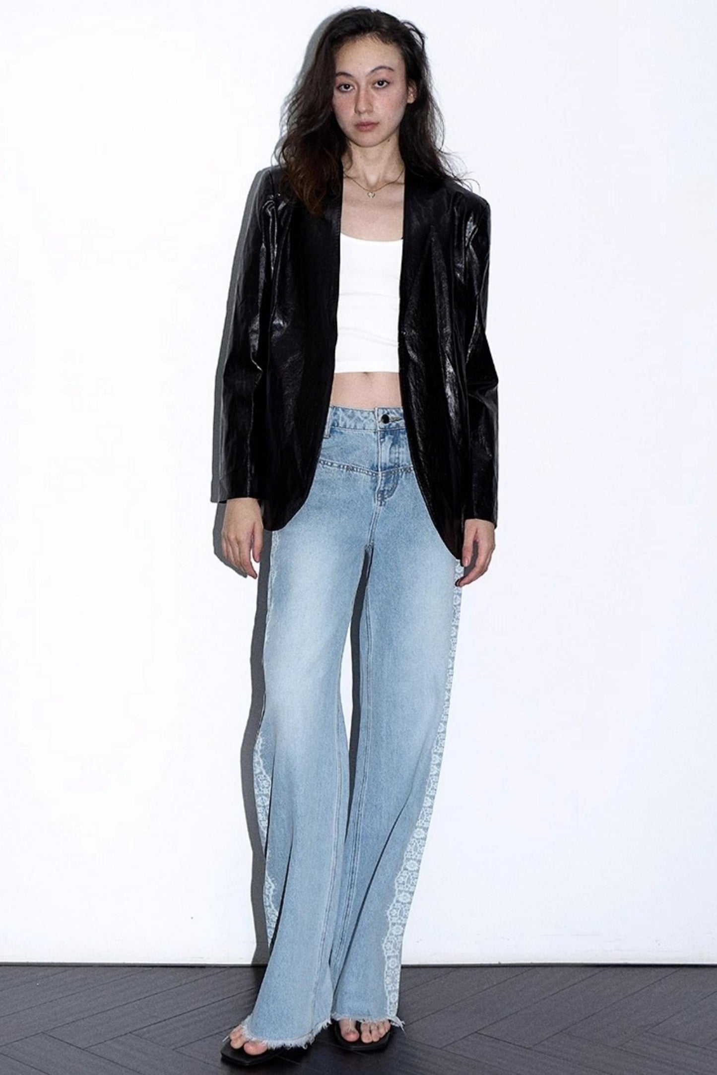 Lace Raw Hem Straight Jeans