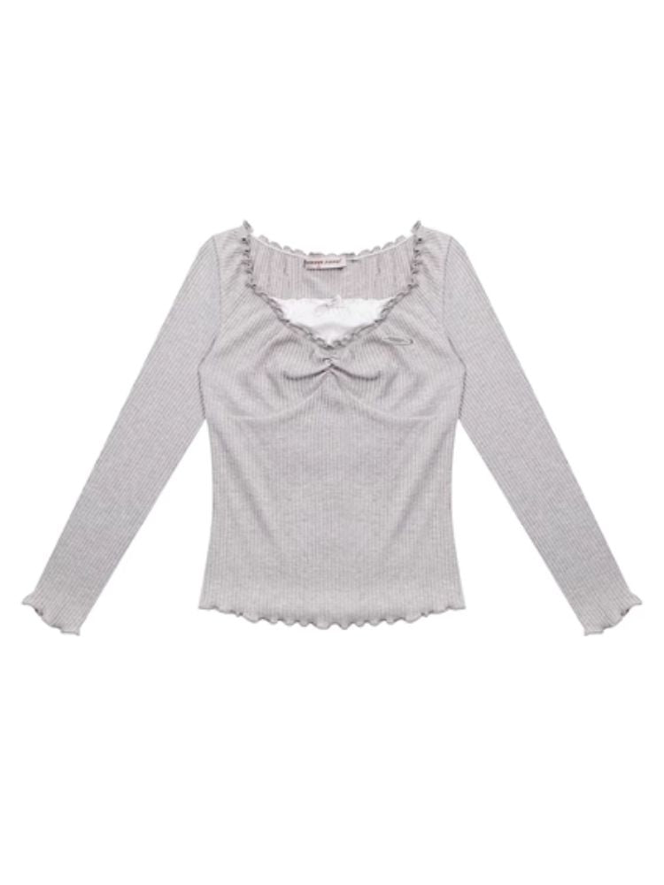 Lace Edge Long Sleeve T-Shirt Tops