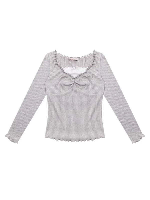 Lace Edge Long Sleeve T-Shirt Tops