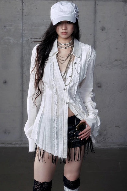 Vintage Lace V-Neck Bubble Sleeve Shirt