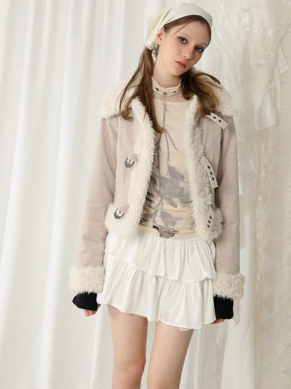 Corduroy fur patchwork jacket