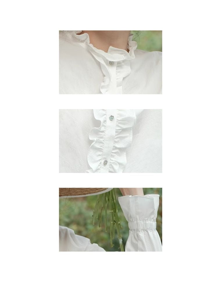 Romantic Lace Collar Textured Cotton Shirt