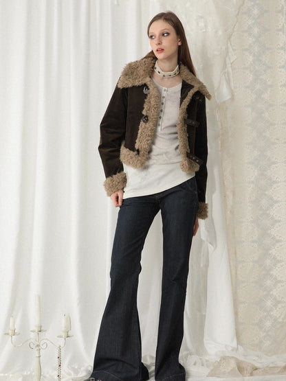 Corduroy fur patchwork jacket