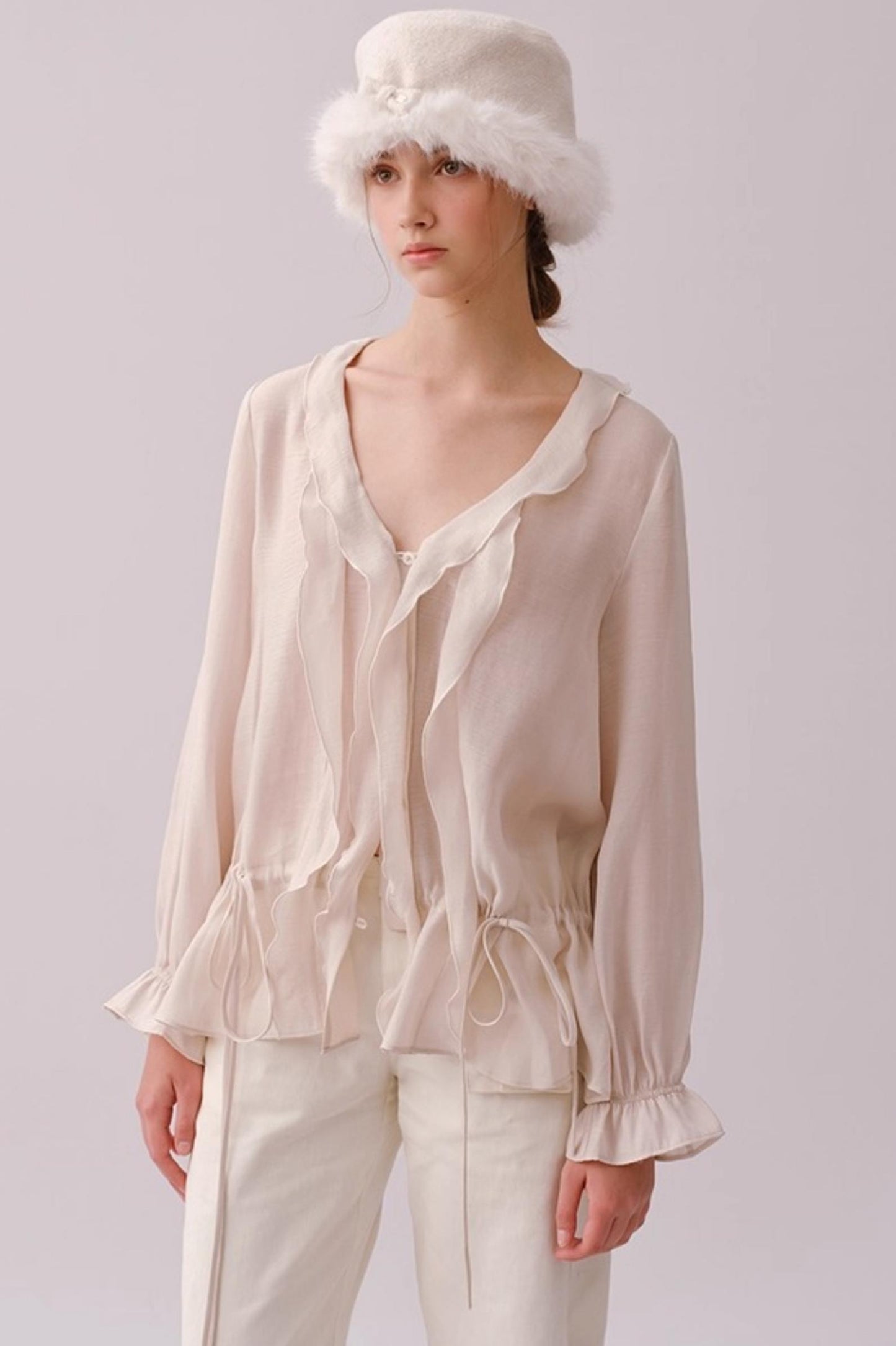 Lyocell Ruffled V-Neck Shirt