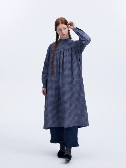 Plaid Loose Standing Collar Gown Dress