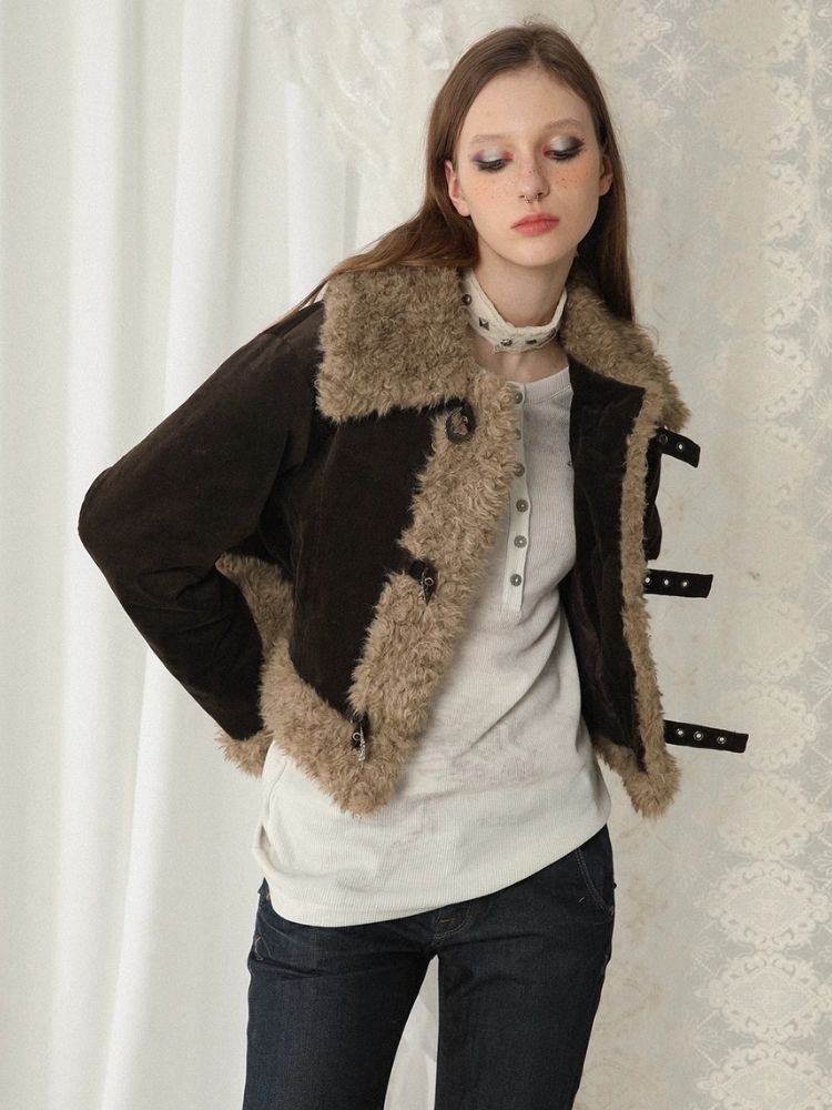 Corduroy fur patchwork jacket