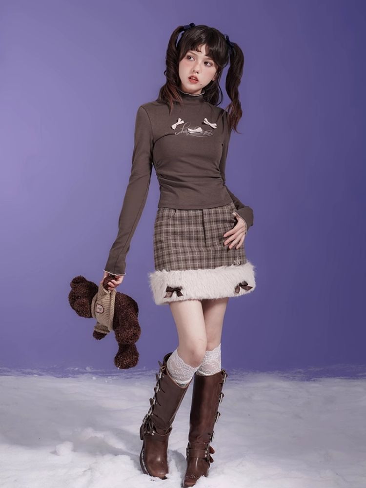 Little Princess Brown Plaid Raw Edge Half-body Skirt