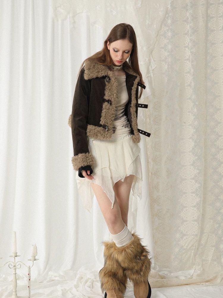 Corduroy fur patchwork jacket