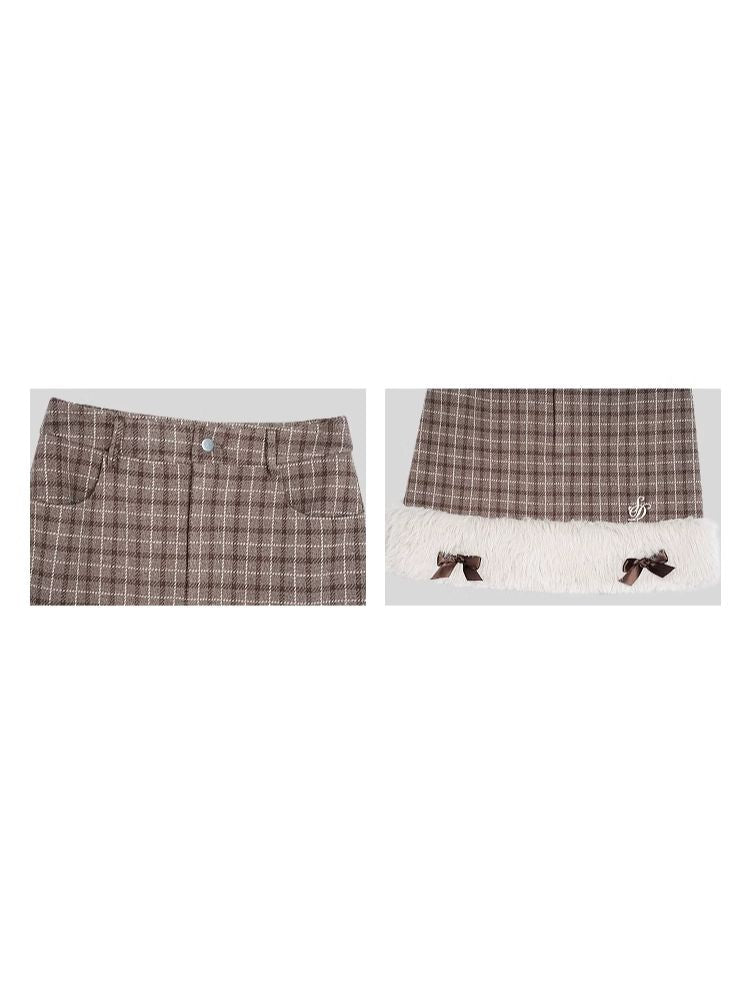 Little Princess Brown Plaid Raw Edge Half-body Skirt