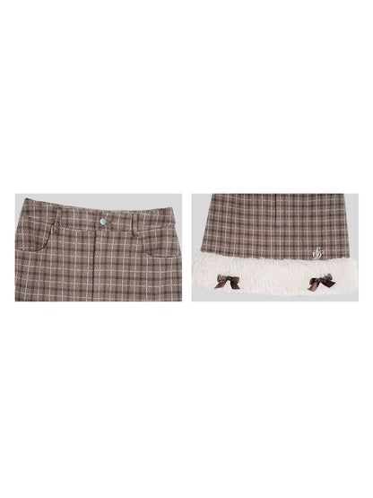 Little Princess Brown Plaid Raw Edge Half-body Skirt