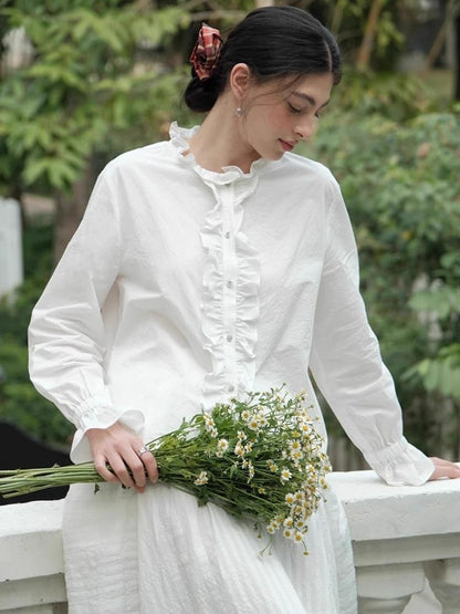 Romantic Lace Collar Textured Cotton Shirt