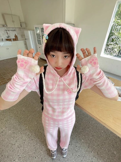 Cat Ears Hooded Short Sleeve Creamy Pink Plaid Knit Pants