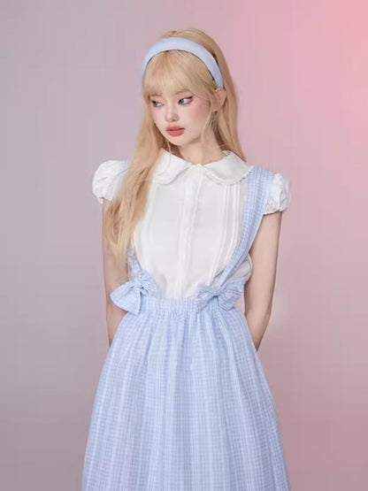 Plaid Bow Tie Back Dress Lace Shirt Set