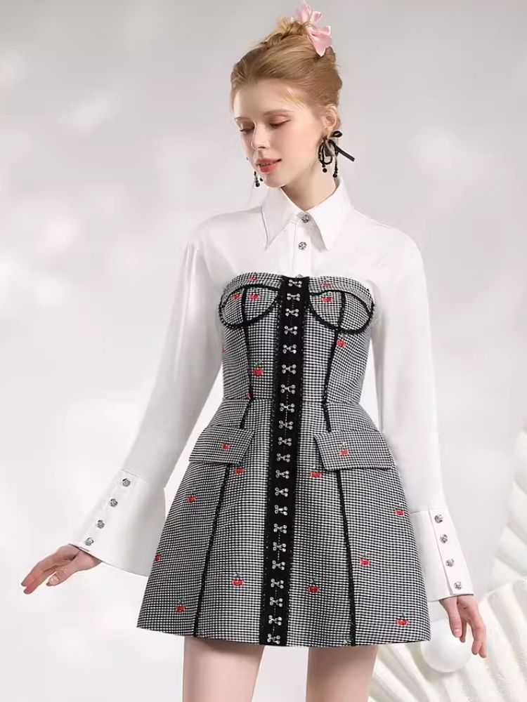 Check embroidered cherry dress