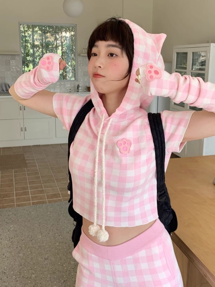 Cat Ears Hooded Short Sleeve Creamy Pink Plaid Knit Pants