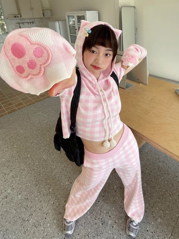 Cat Ears Hooded Short Sleeve Creamy Pink Plaid Knit Pants