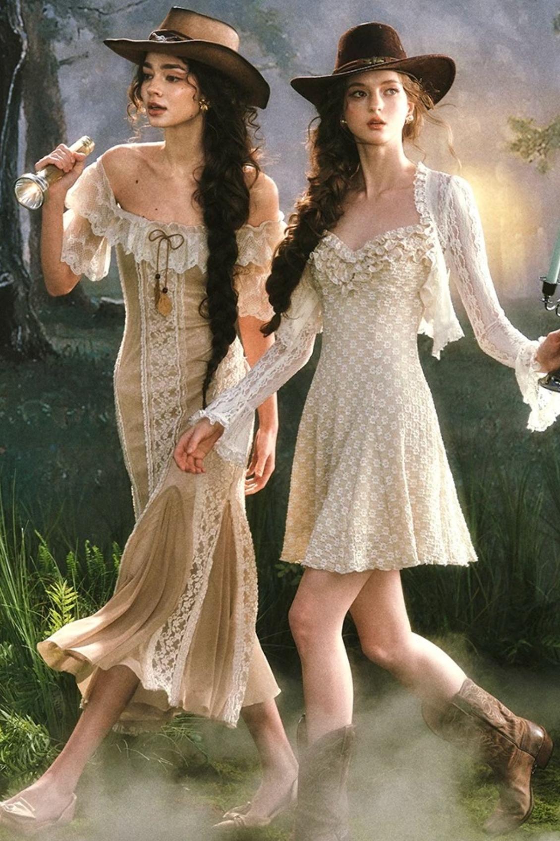 French Countryside Lace One-Shoulder Dress