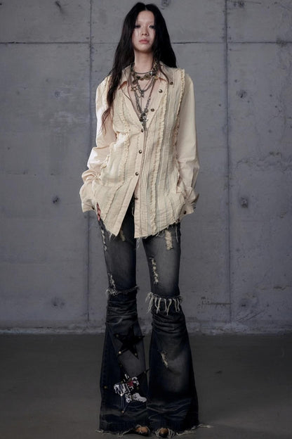 Vintage Lace V-Neck Bubble Sleeve Shirt