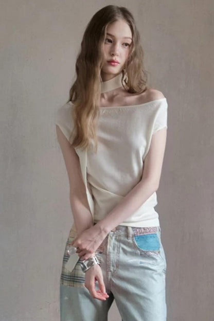 Milk White Asymmetrical Knit Top