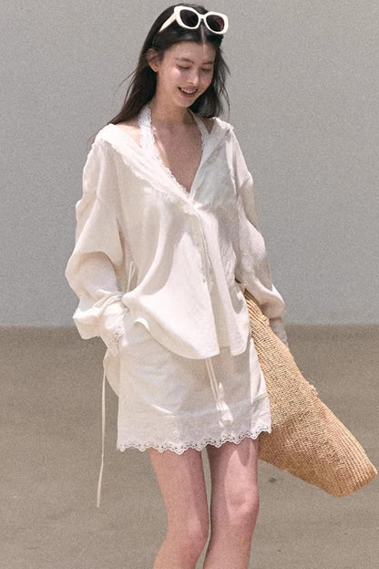 Lyocell Embroidered Lace Shirt Set-Up