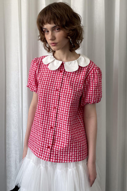 Red Plaid Lantern Sleeve Shirt