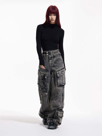 Multi Pocket Retro Wide Leg Denim Pants