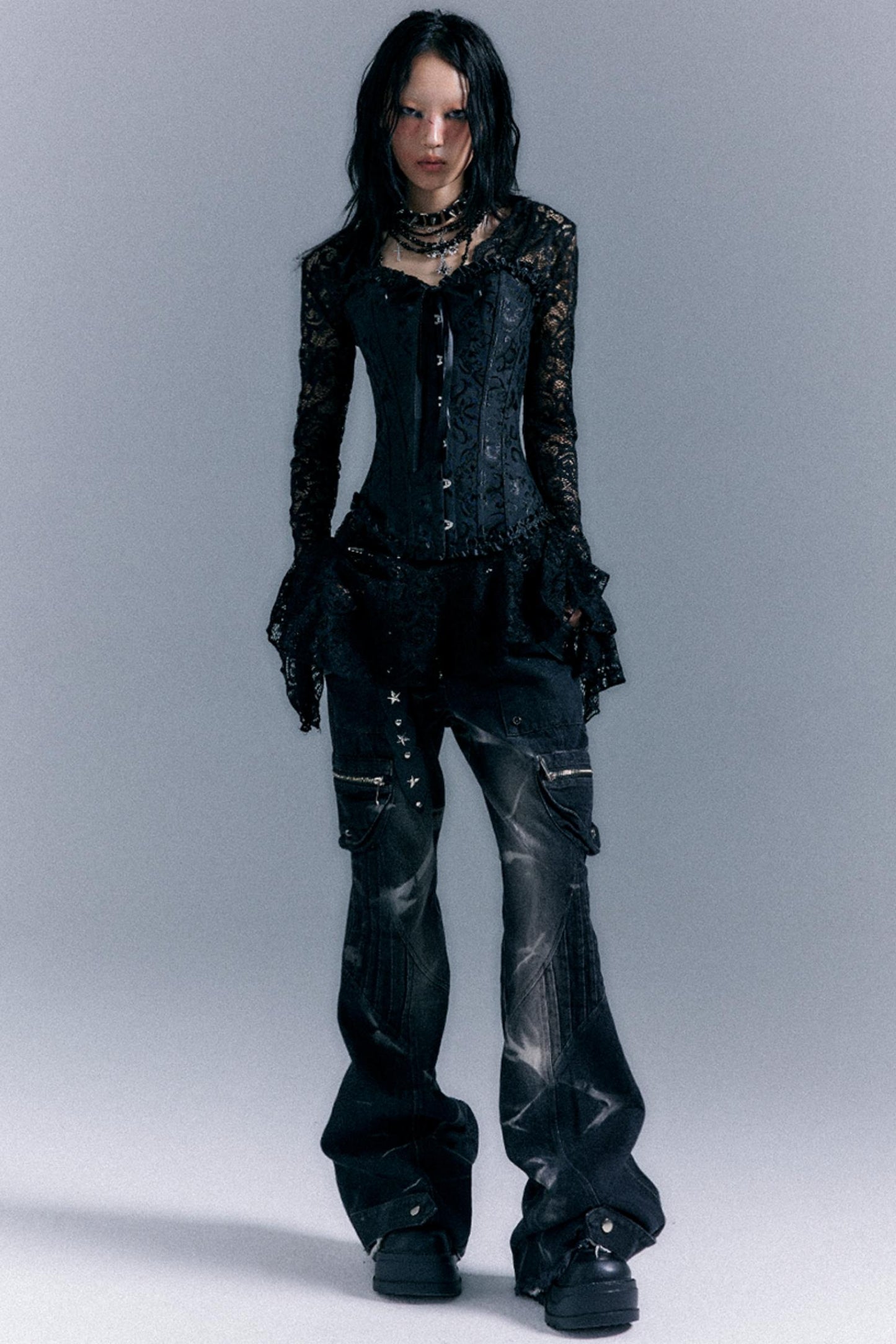 Vintage Studded Denim Flared Pants