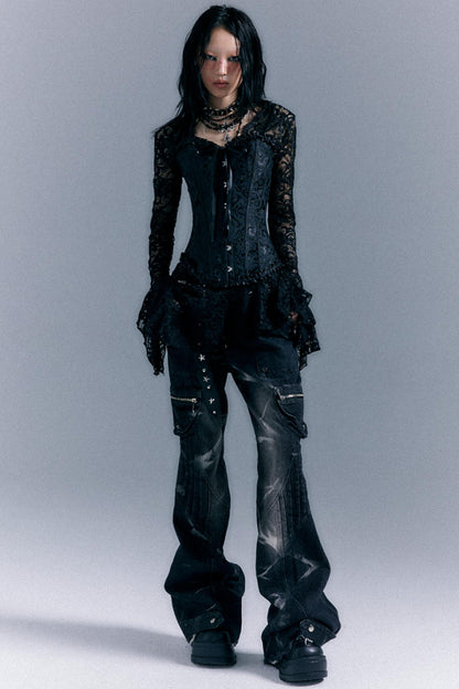 Vintage Studded Denim Flared Pants