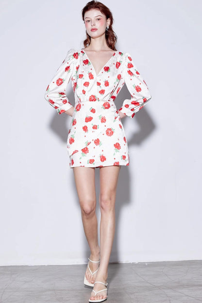 Satin Rose Jacquard V-Neck Dress