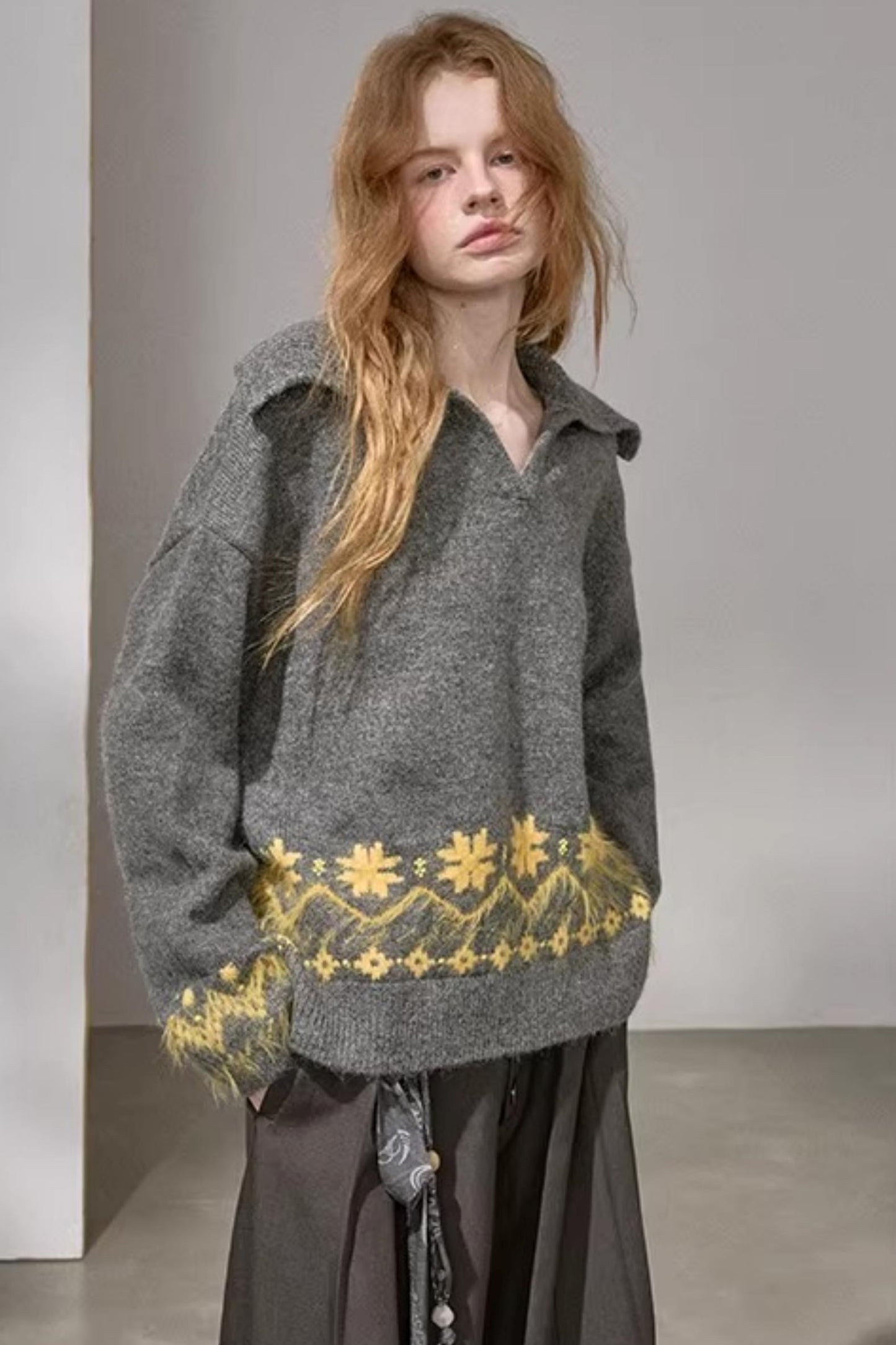 Lace-Up Collar Sweater Set-Up