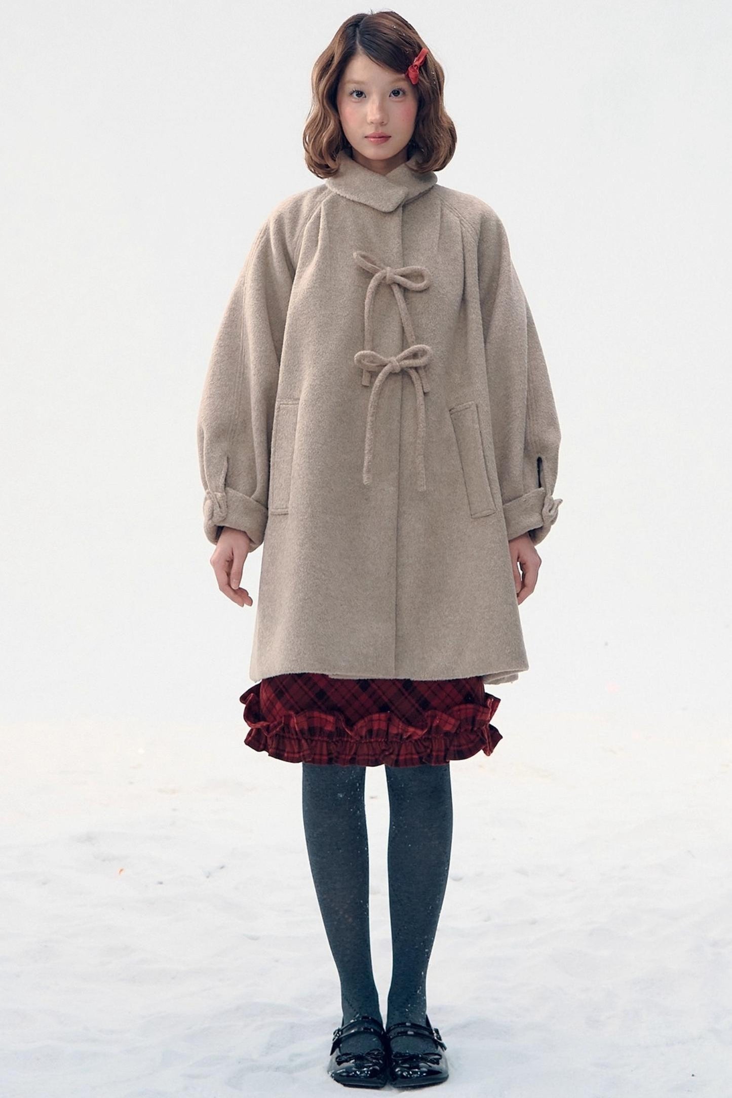 Retro Oatmeal Woolen Bow Coat