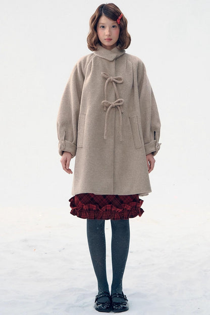 Retro Oatmeal Woolen Bow Coat