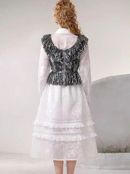 Heavy beaded vest hollowed embroidery dress