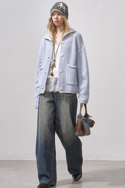 Thick Cable Knit Turtleneck Cardigan