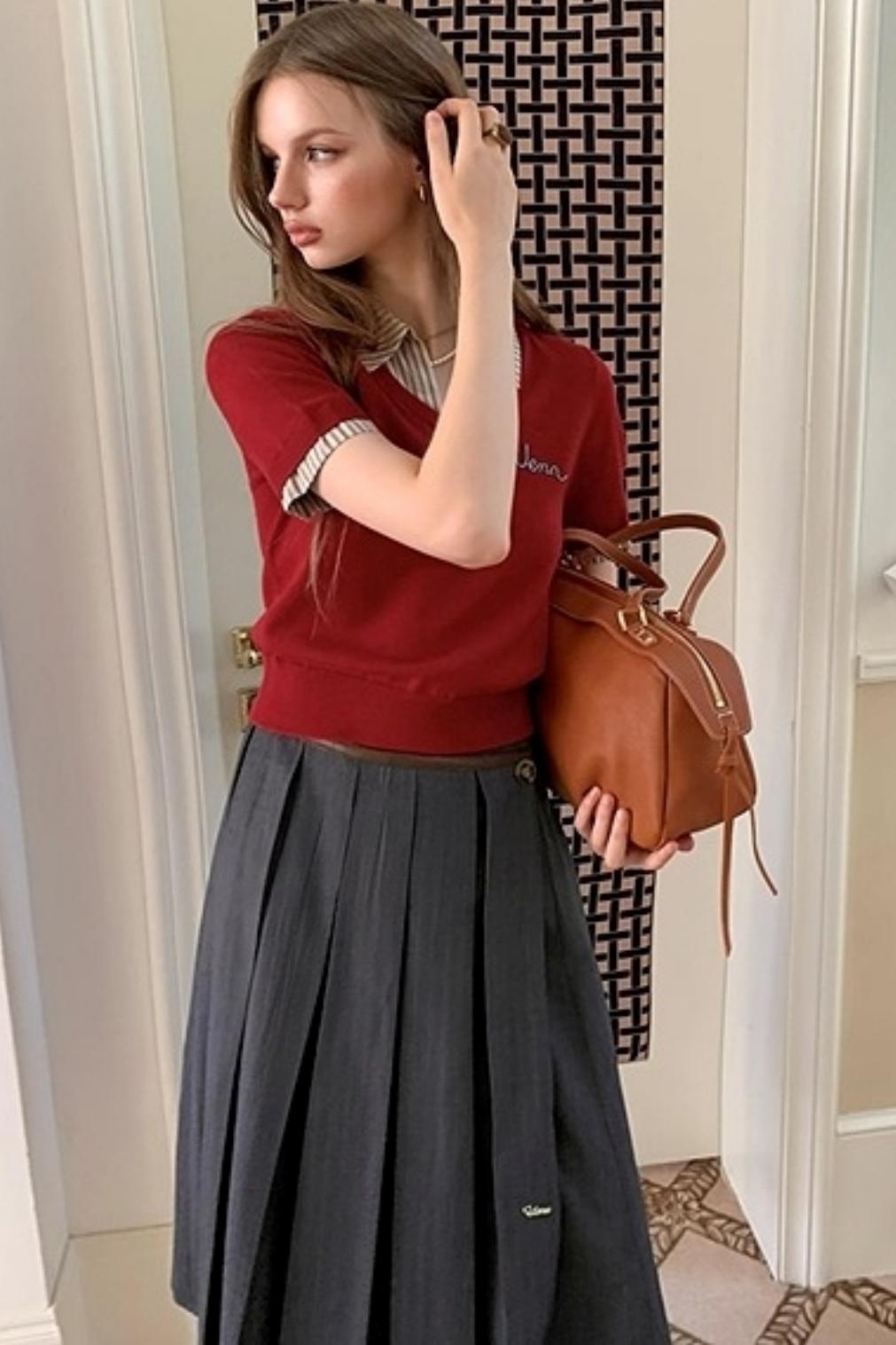 Embroidered Striped Collar Fake Two Piece T-Shirt