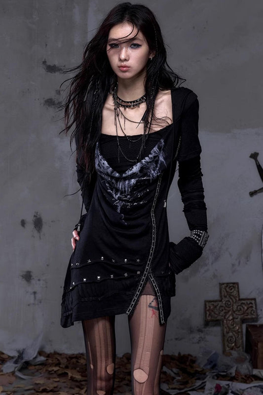 Rock Swing Collar Print Long Sleeve Dress