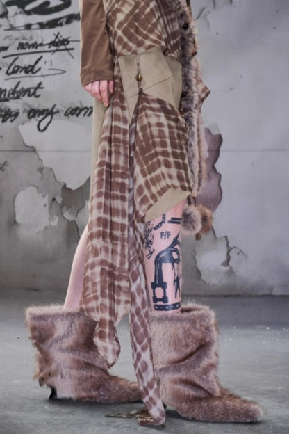 Chiffon Panel Ruffled Irregular Leather Skirt