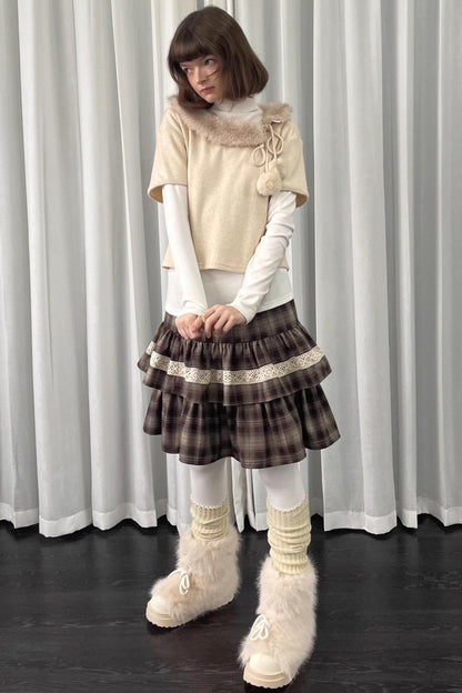 Beige Fur Collar Layered Top