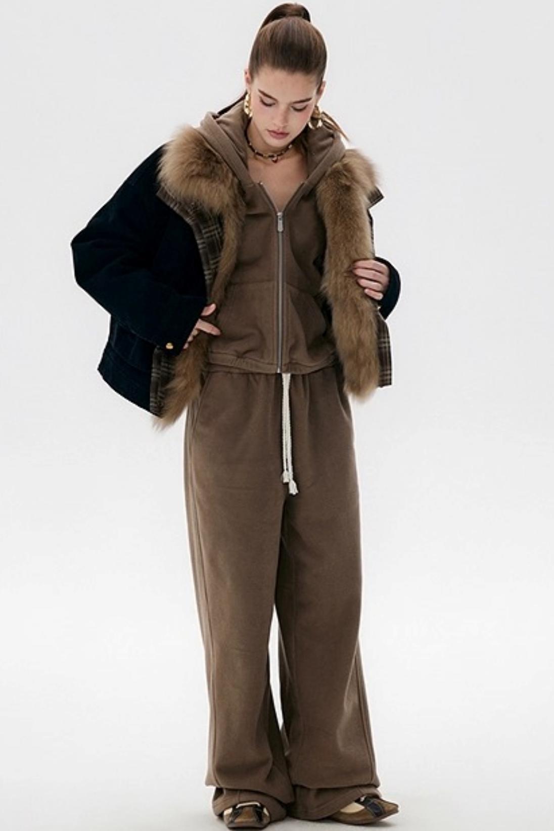 Khaki Fleece Bunny Ear Cardigan Set-Up