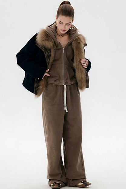 Khaki Fleece Bunny Ear Cardigan Set-Up