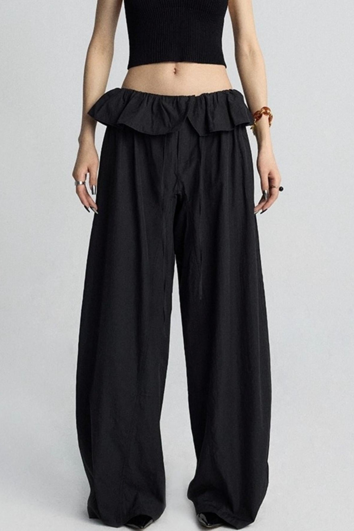 White Lace Drawstring Wide-Leg Pants