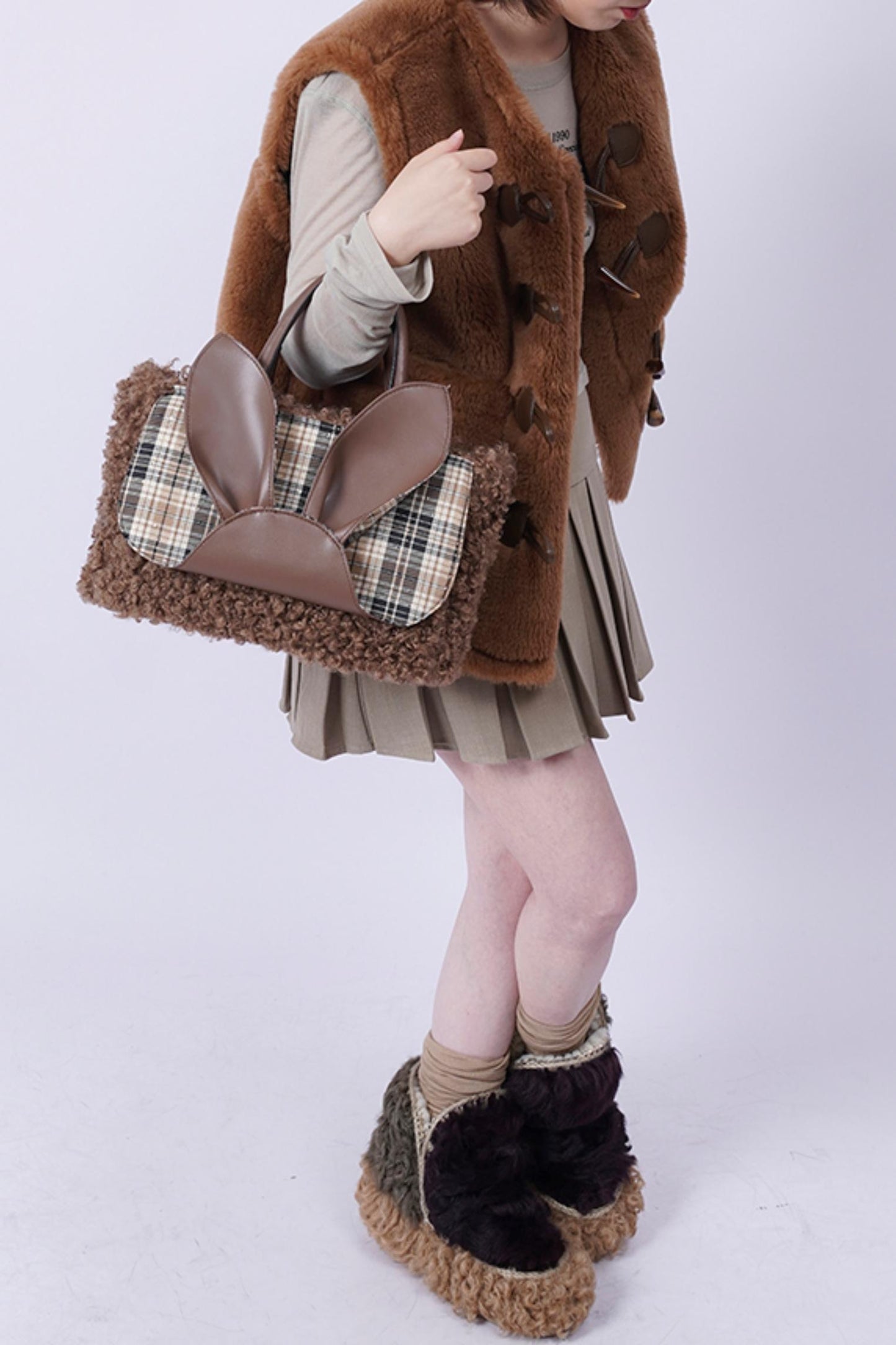 Plaid Rabbit Fur Tote Bag