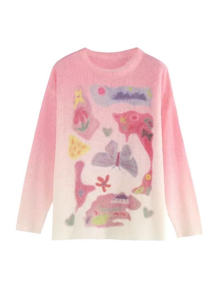 Romantic Butterfly Print Thin Sweater