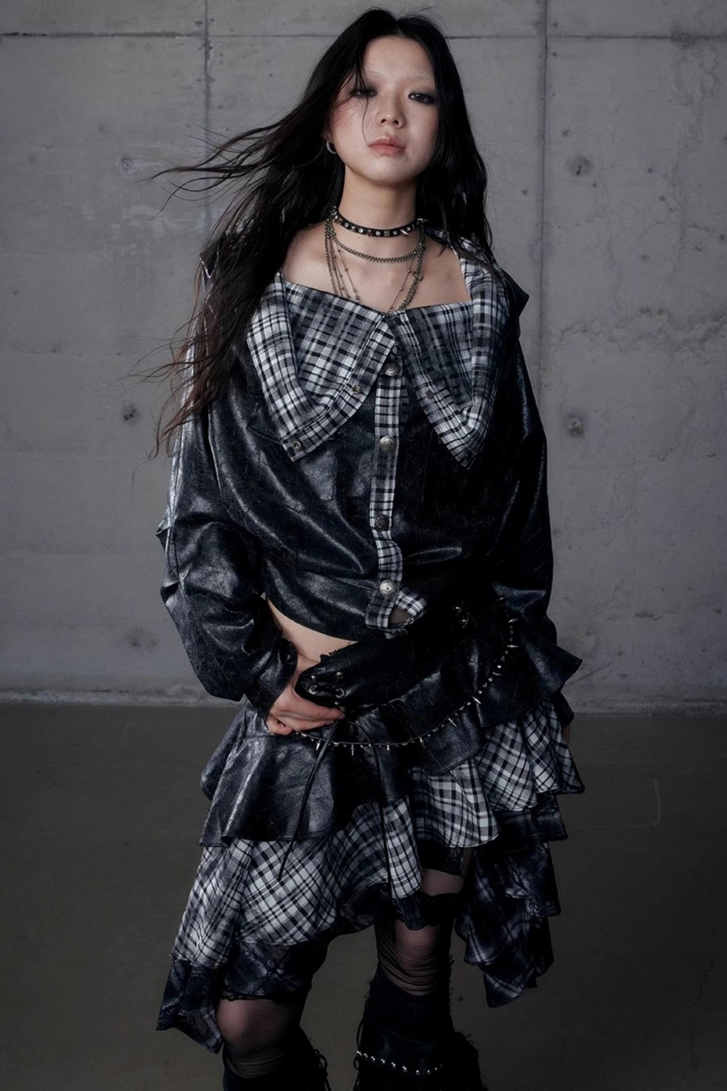 Dark Plaid Leather Top