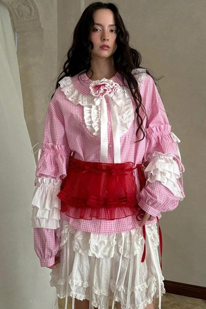 Pink-White Plaid Lace Shirt