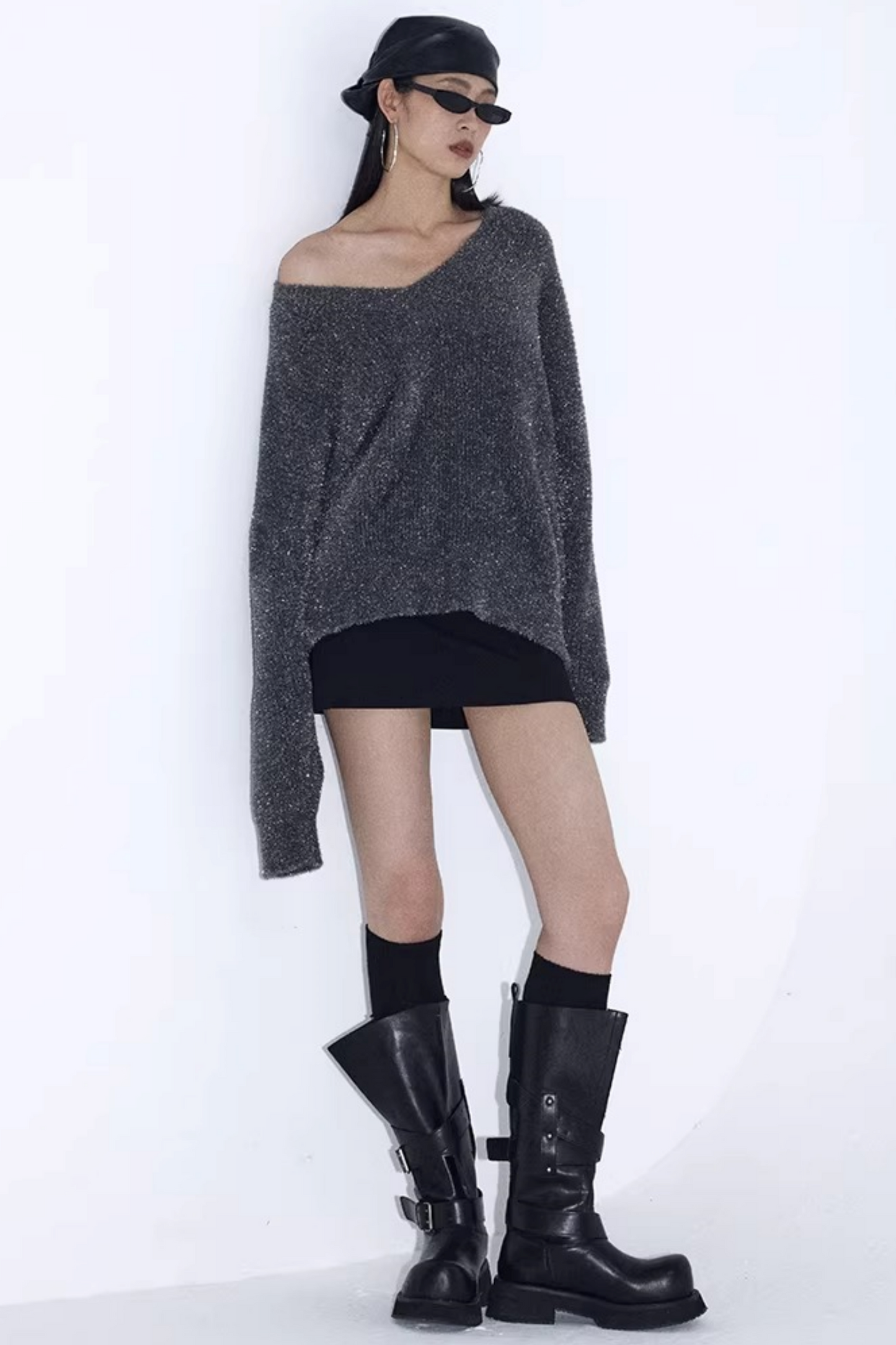 Silberner Faden V-Ausschnitt Strickpullover
