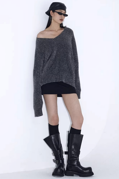 Silberner Faden V-Ausschnitt Strickpullover