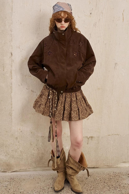 Embroidered Stand Leather Jacket